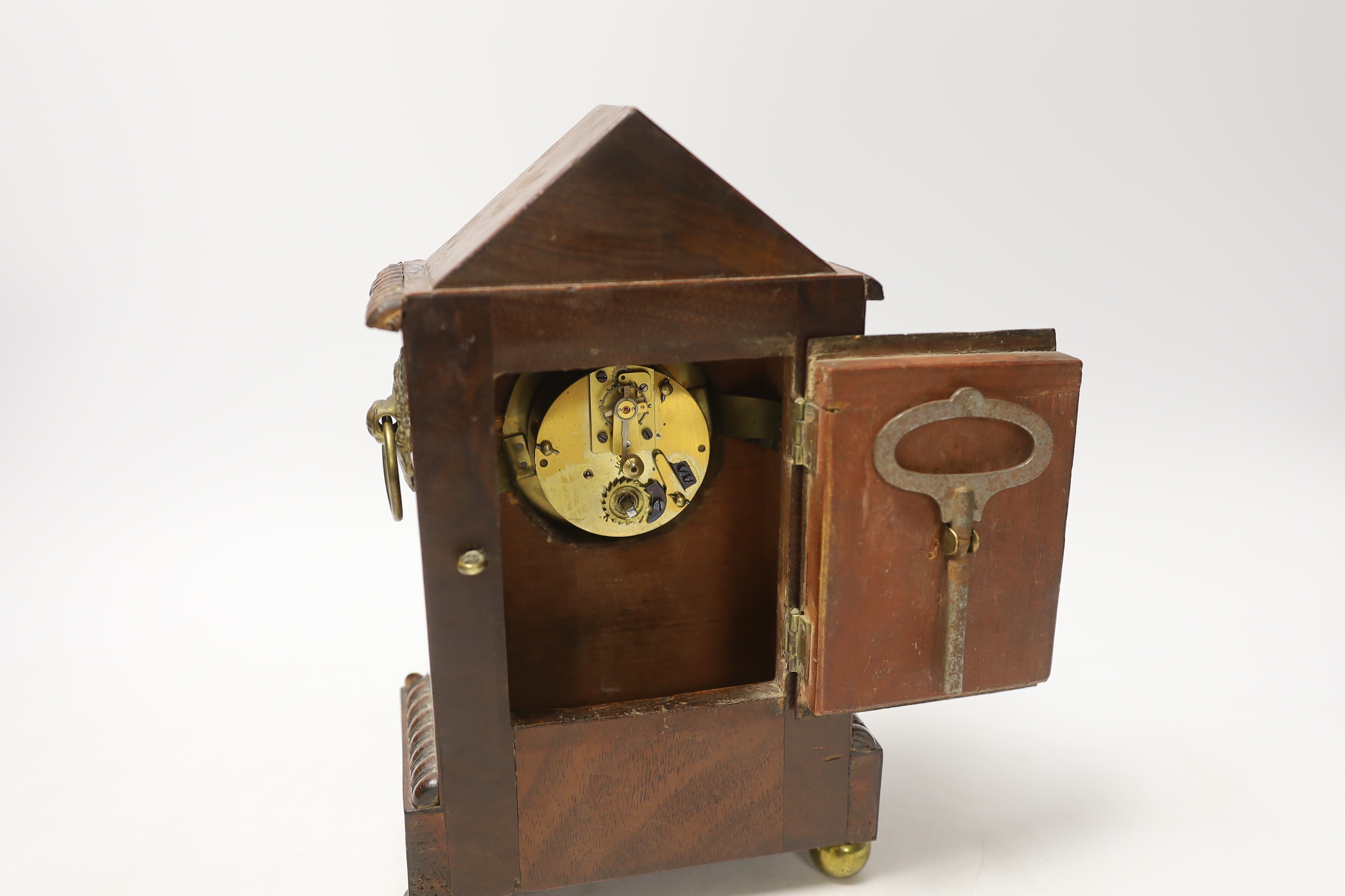 A Lenz small mantel timepiece with brass inlay and enamel Roman numeral dial, 22cm high